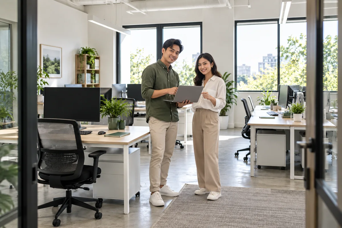 Illustrative technology professionals collaborating in a bright studio