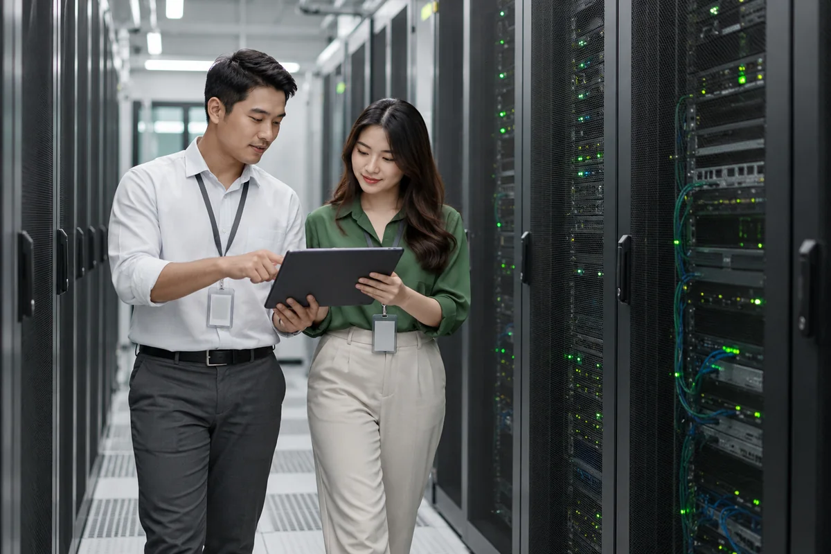 IT professionals reviewing a tablet beside server cabinets