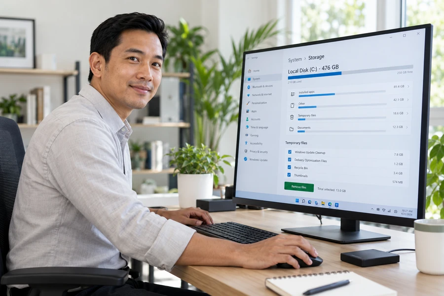 Office professional reviewing Windows storage and software cleanup on a desktop computer