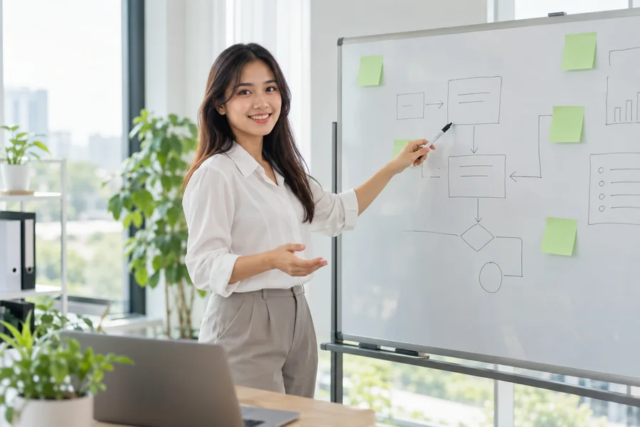 Project planner explaining a workflow beside a whiteboard