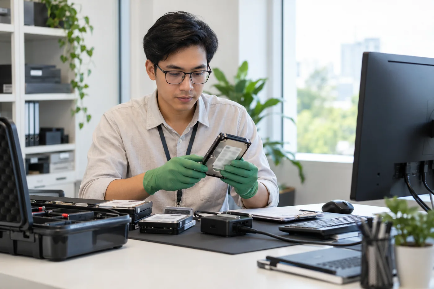 Illustrative forensic analyst documenting a storage device at a workstation