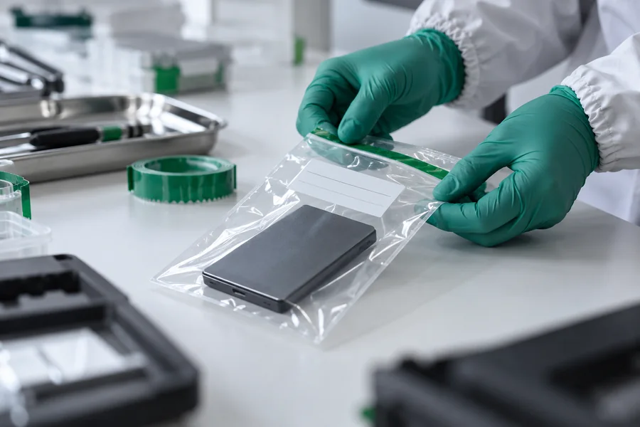 Illustrative gloved hands sealing an evidence drive in a protective pouch