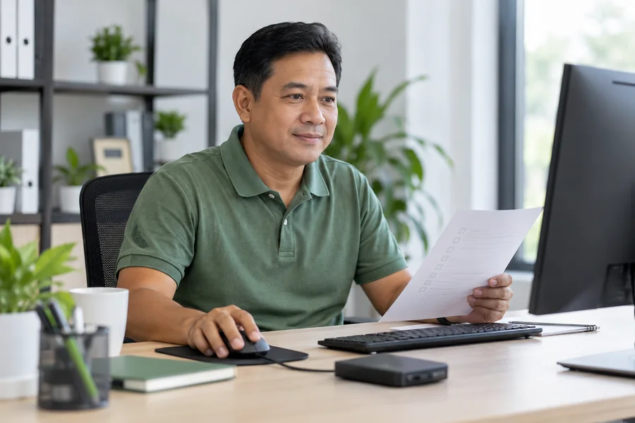 Illustrative office user checking a desktop maintenance checklist