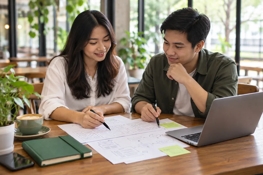 Illustrative client and software consultant discussing paper wireframes