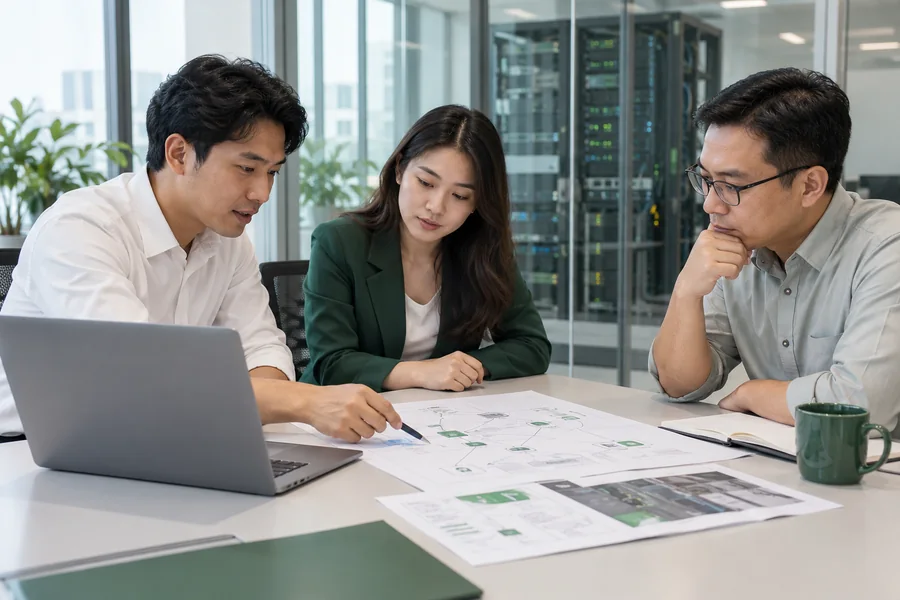 Illustrative cybersecurity consultants reviewing a network plan beside server infrastructure