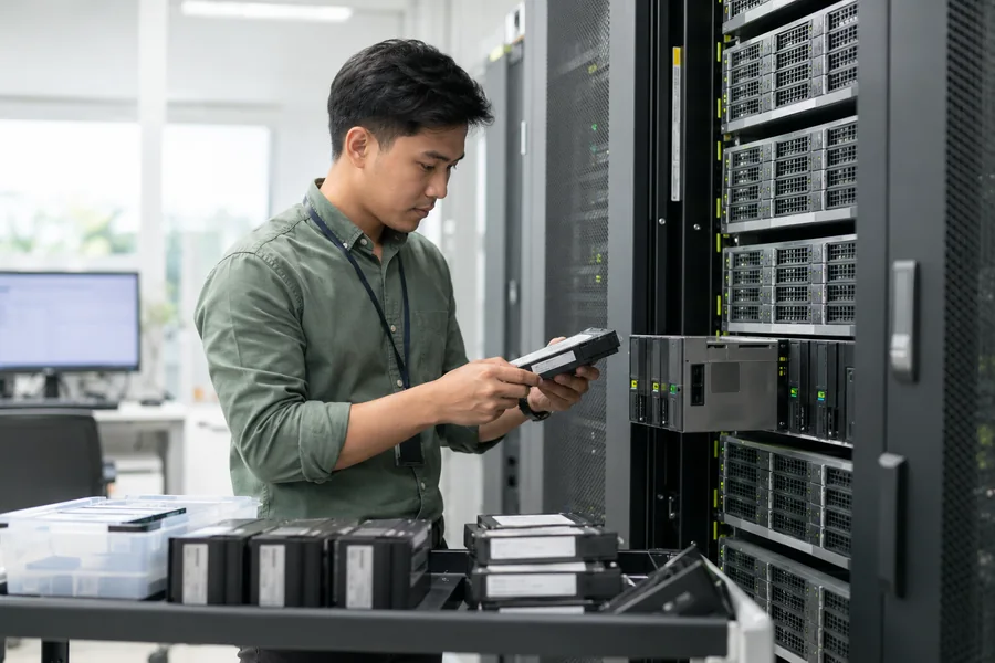 Illustrative IT professional checking backup media and enterprise storage equipment