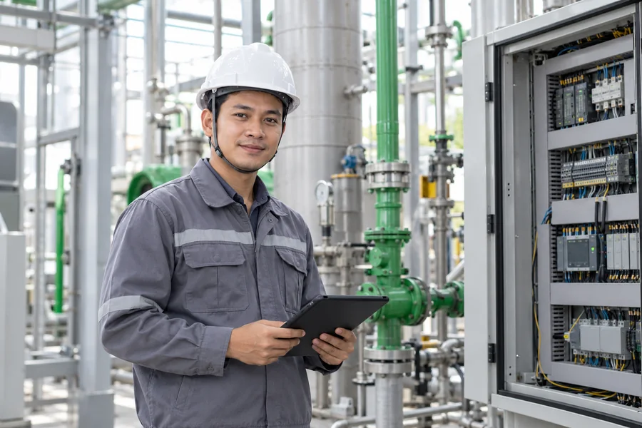 Illustrative engineers reviewing industrial control systems in a factory control room