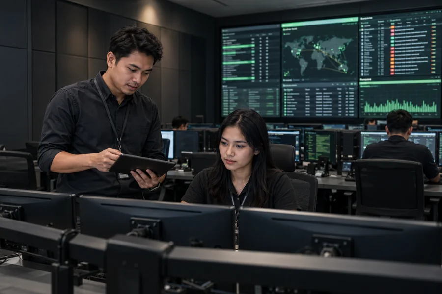 Illustrative analysts reviewing monitoring screens in a security operations room