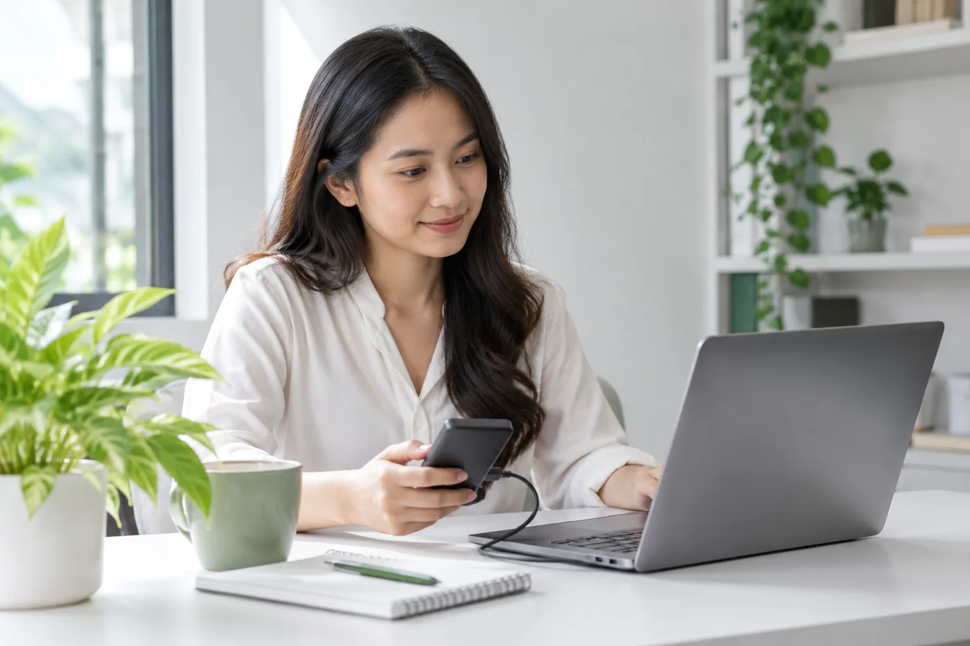 Illustrative computer user reviewing laptop maintenance and a backup drive