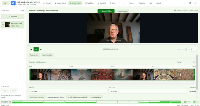 Video Editor with source preview, scene thumbnails, trimming controls, and video/audio export actions.