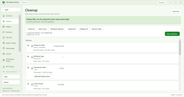 Cleanup workspace showing selected categories, eligible files, and items kept or partially available.