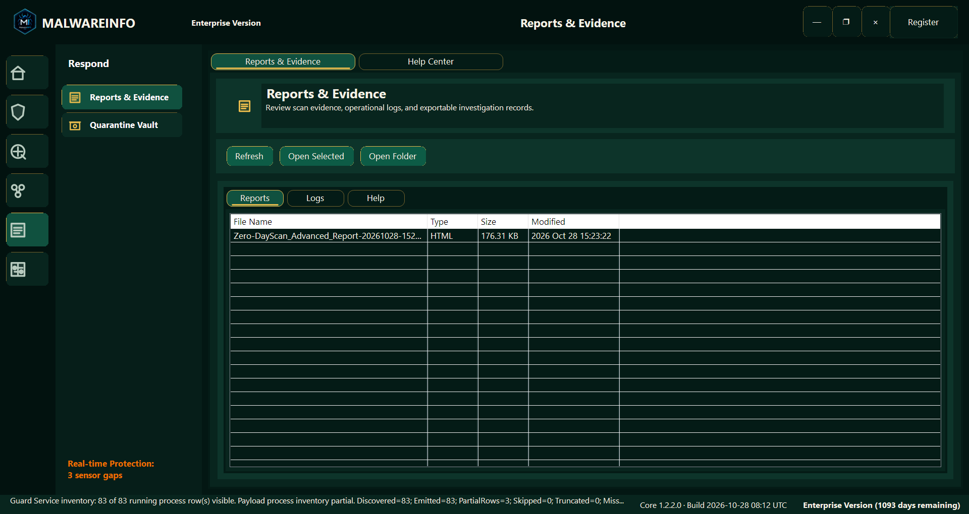 Fig 17. Reports & Evidence — Saved Analysis Reports and Investigation Logs