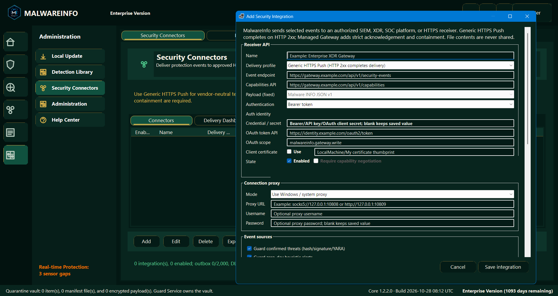 Fig 20. Security Connectors — HTTPS Event Delivery and Integration Settings