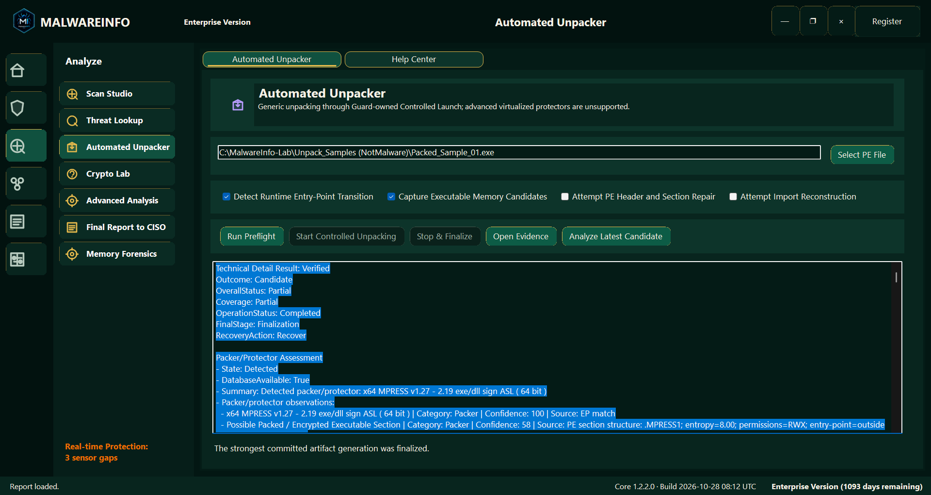 Fig 5. Automated Unpacker — Controlled Unpacking and Partial Candidate Results