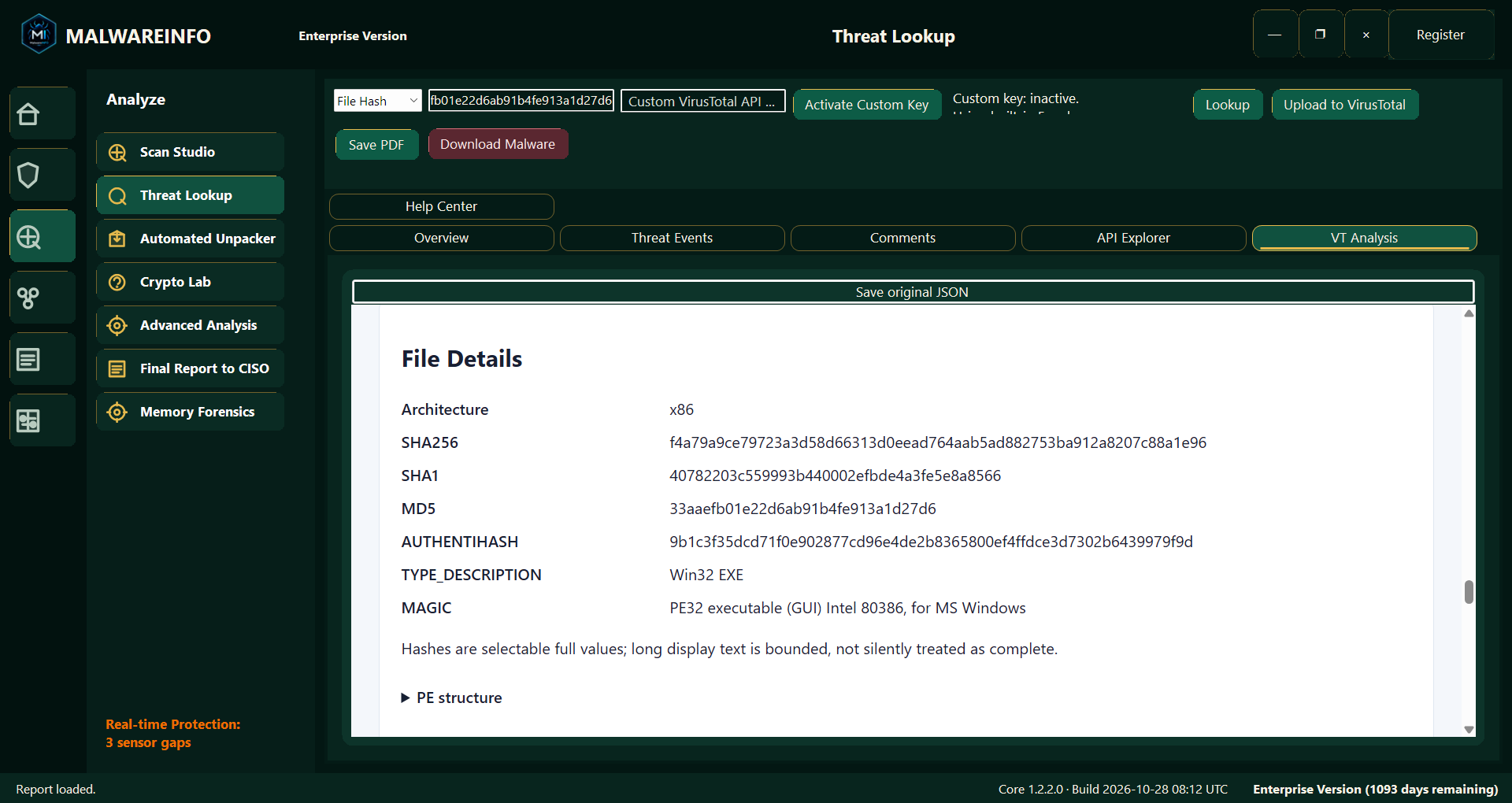 Fig 4. Threat Lookup — VirusTotal File Details and Hashes