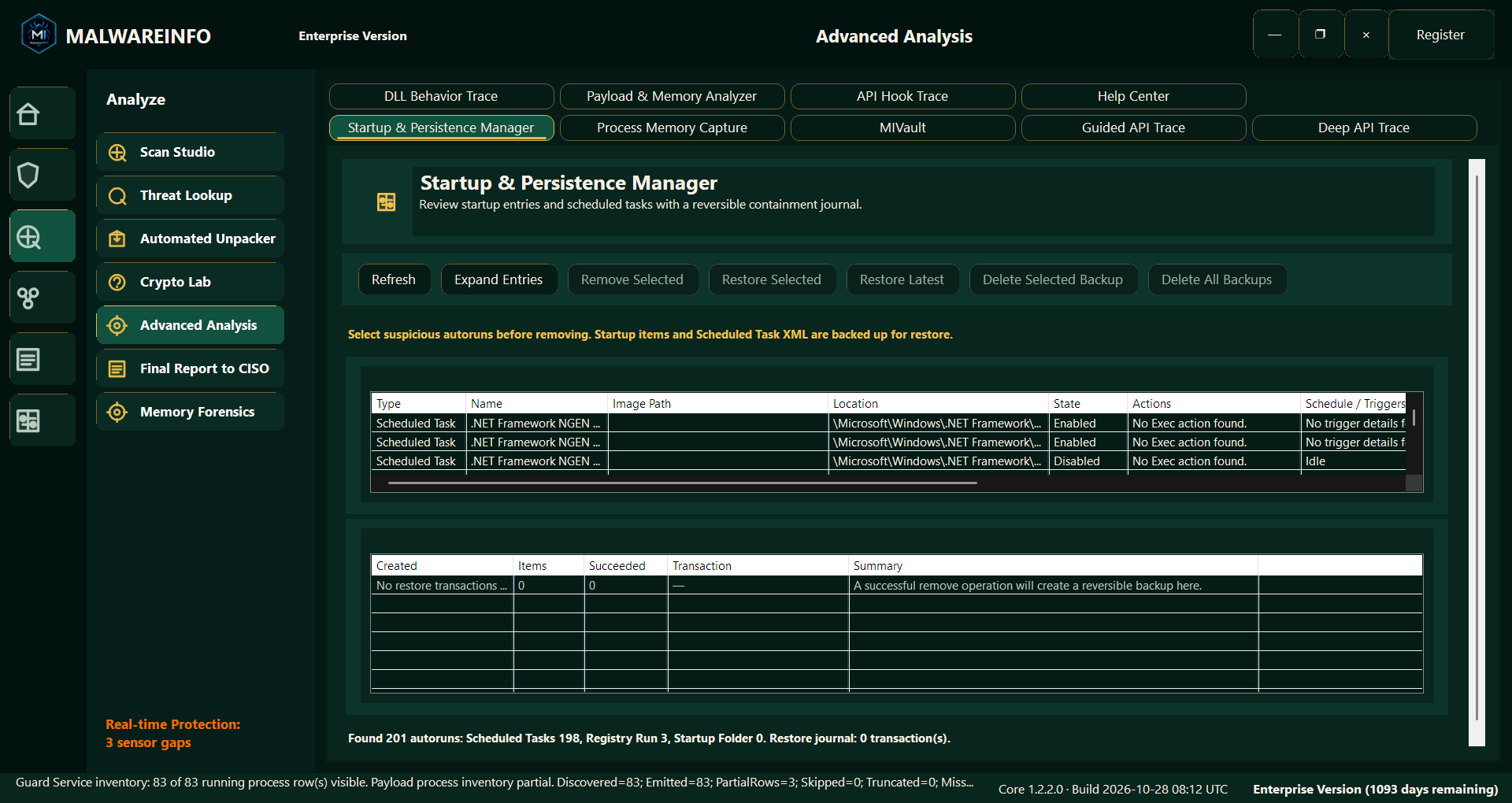 Fig 7. Startup & Persistence Manager — Autoruns, Scheduled Tasks and Restore Journal