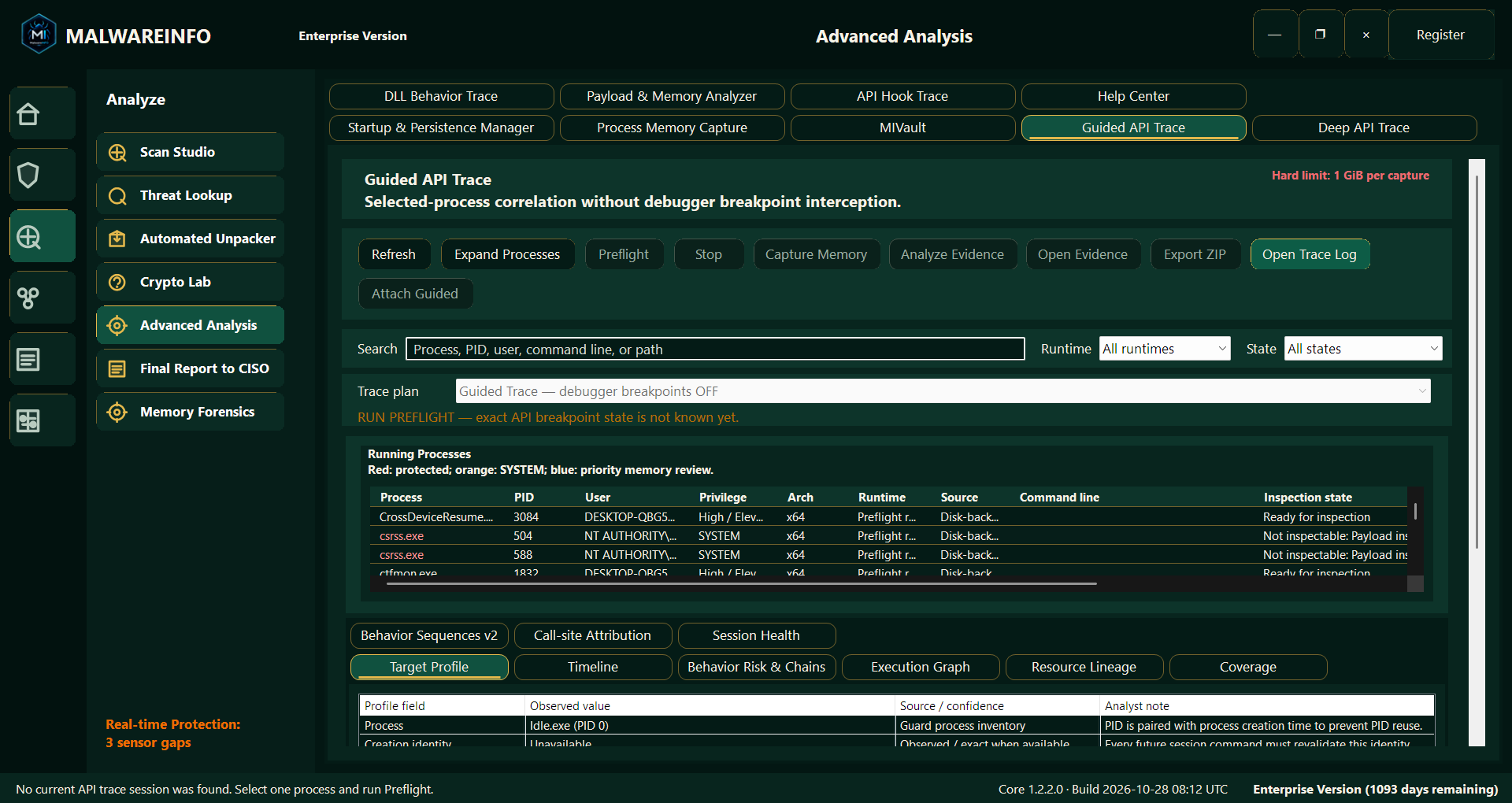 Fig 10. Guided API Trace — Process Selection, Preflight and Correlation Workspace