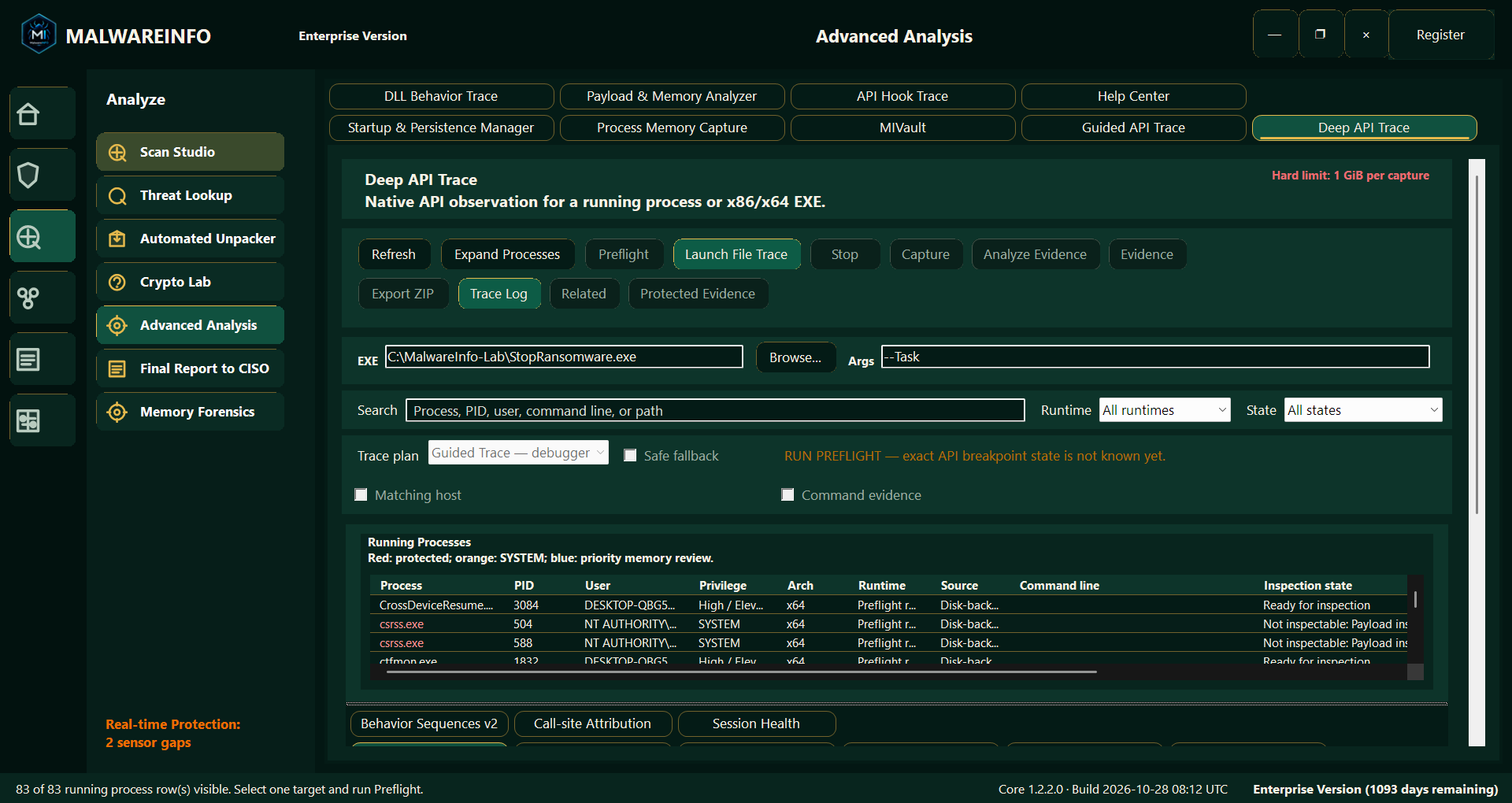 Fig 11. Deep API Trace — Process Selection and Executable Trace Setup