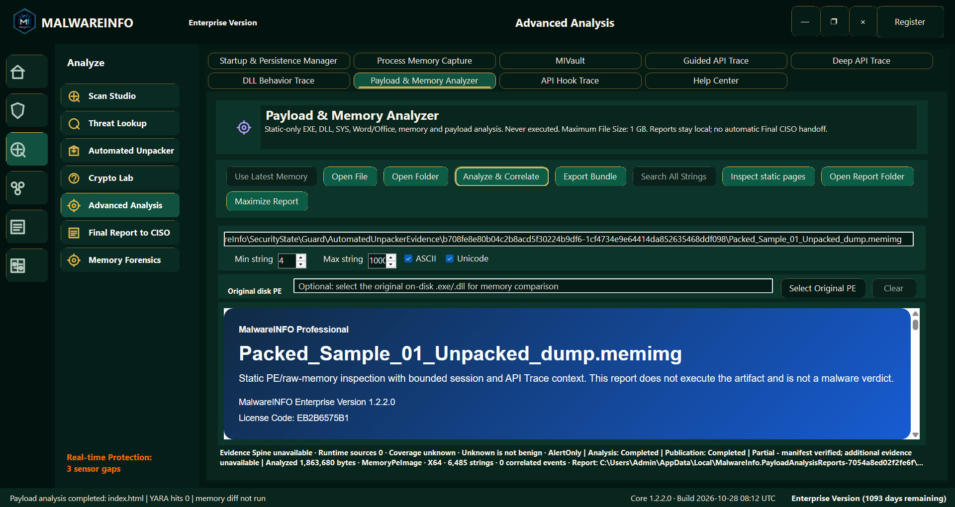 Fig 12. Payload & Memory Analyzer — Static Analysis of an Unpacked Memory Artifact
