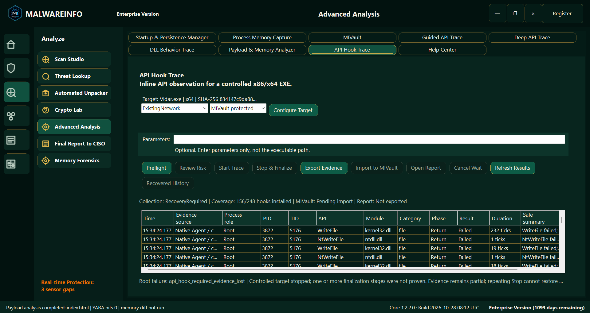 Fig 13. API Hook Trace — Recorded API Events and Recovery Status