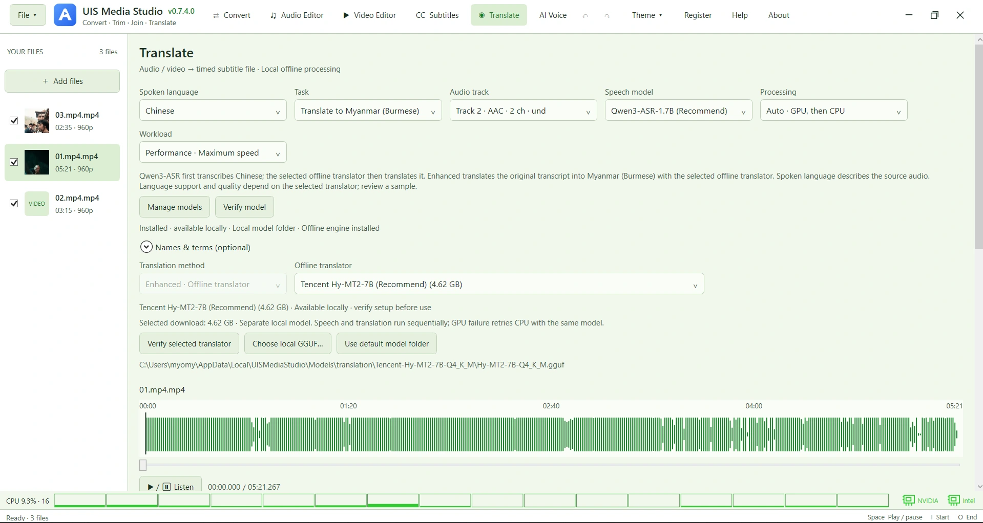 Translate workspace showing speech and translation model choices, local model settings, and a source waveform.