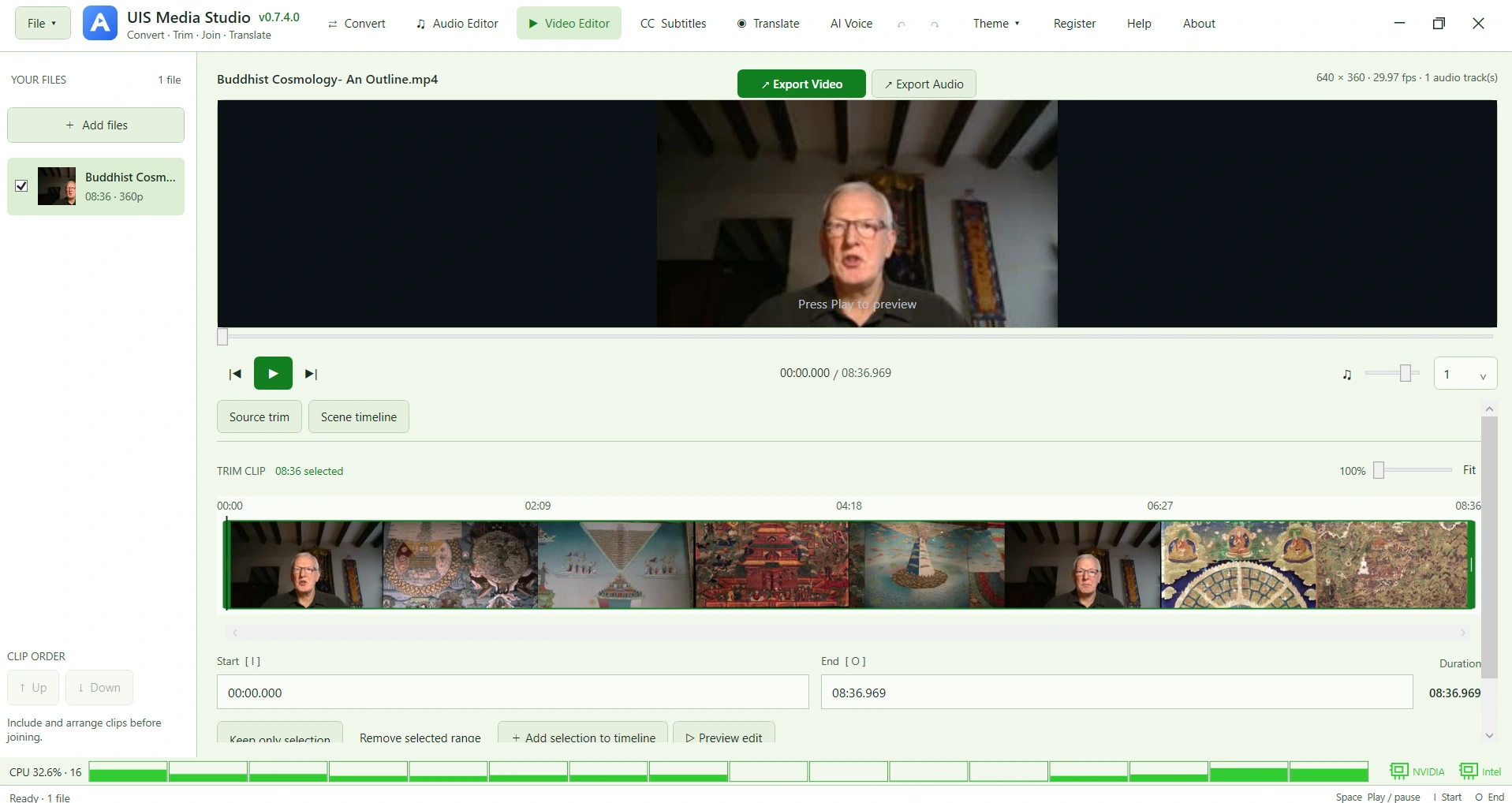 Video Editor with source preview, scene thumbnails, trimming controls, and video/audio export actions.