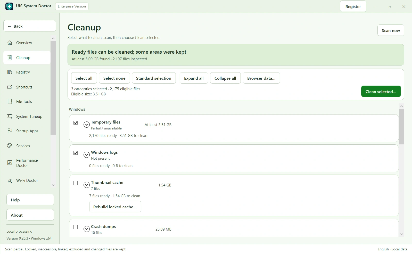Cleanup workspace showing selected categories, eligible files, and kept or partially available items.